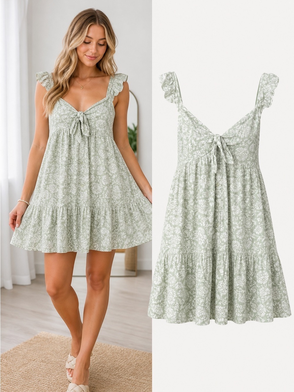 Altar’d State | Sage Green Floral Babydoll Mini Dress Cottagecore | Size Large